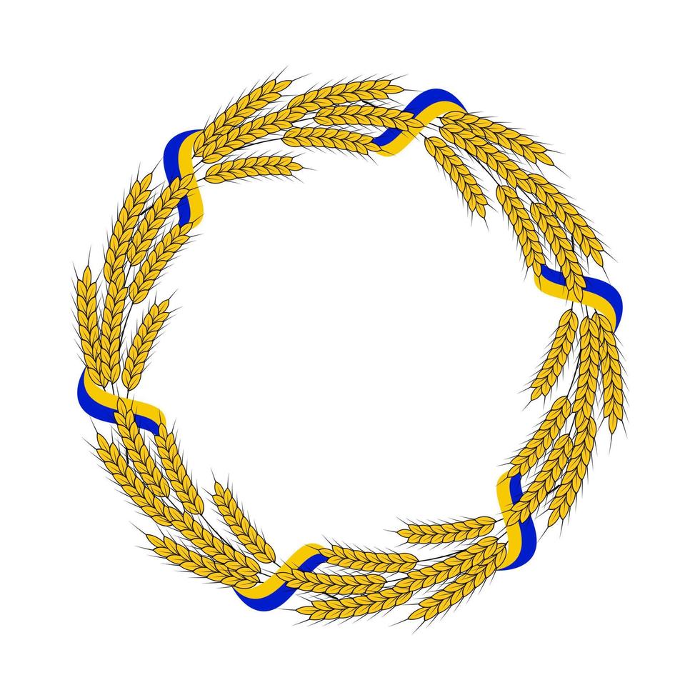 ilustración vectorial de una corona de espiguillas de trigo con la bandera ucraniana aislada en un fondo blanco con espacio para el texto. marco redondo ilustrativo hecho de cereales vector