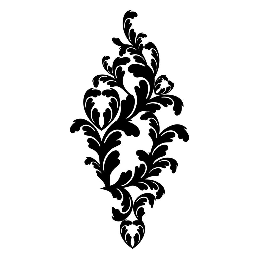 Remolino de ornamento de pergamino barroco vintage de damasco vectorial. remolino del escudo heráldico del monograma victoriano. retro floral hoja patrón borde follaje antiguo acanto caligrafía grabado tatuaje azulejo elemento de decoración vector