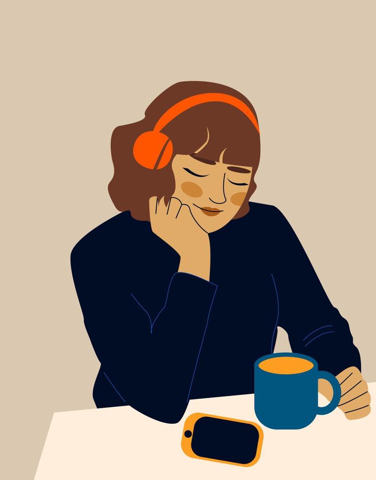 mujer escuchando música o audiolibro en la cafetería. ilustración vectorial de stock en estilo plano moderno. eps 10 vector