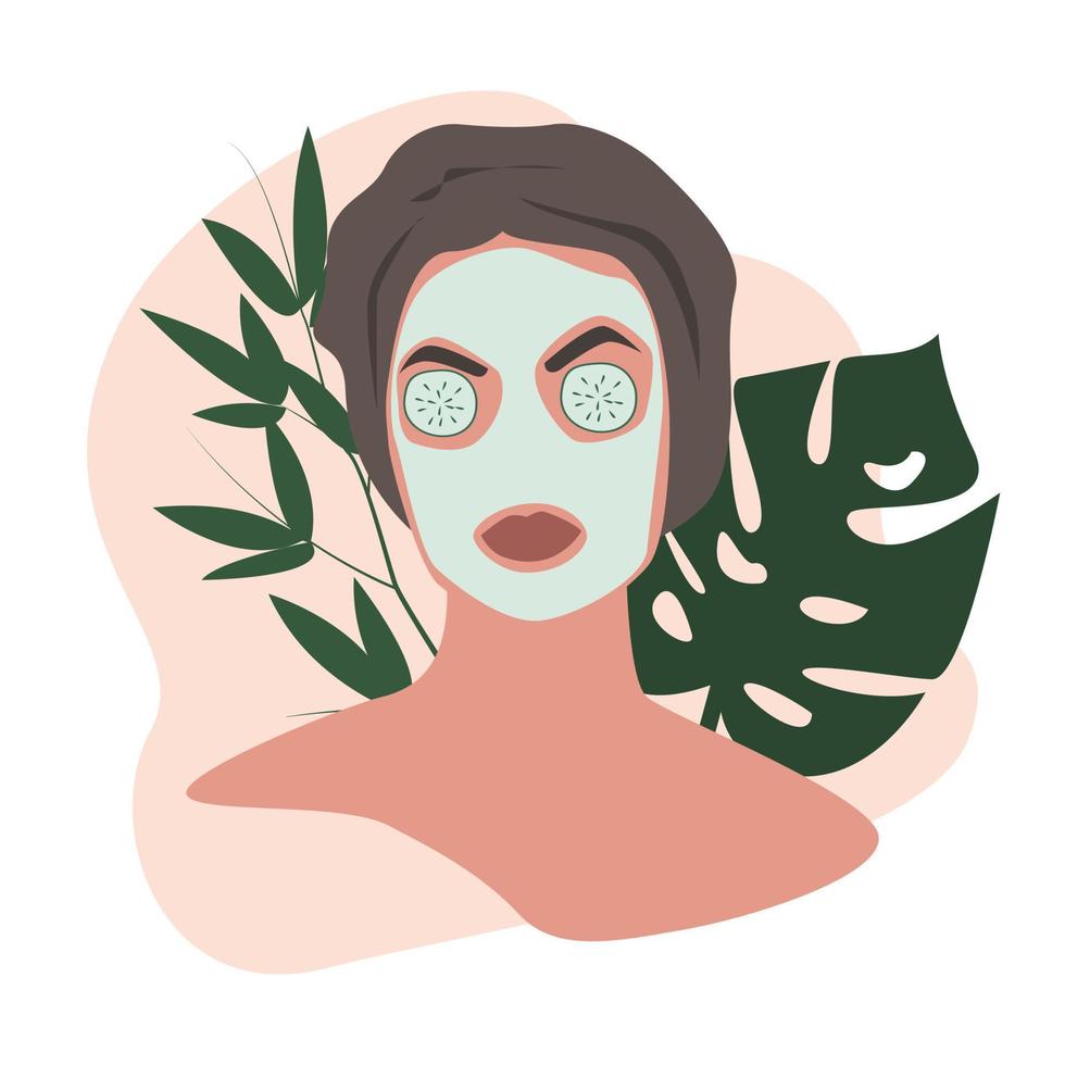 Female face with green leaves on background. Beauty cosmetic mask with cucumbers on eyes. Beautiful young woman applying cosmetic product. Skin care banner. Self-care concept. Flat vector illustration