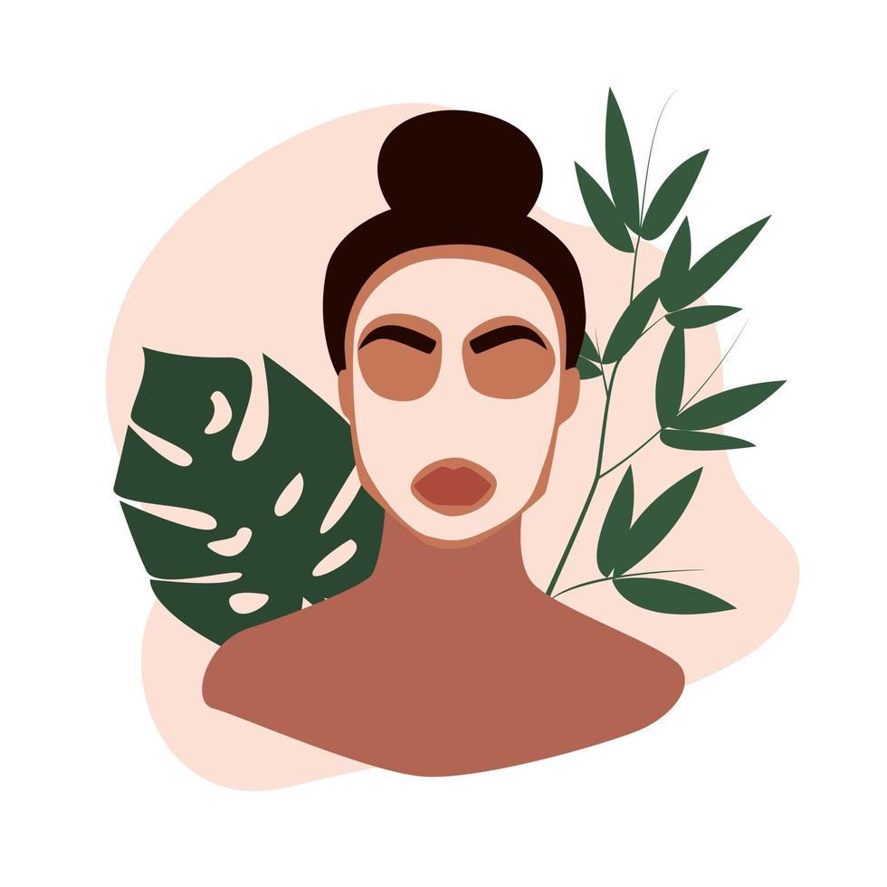 rostro femenino con hojas verdes en el fondo. máscara cosmética de belleza. hermosa joven aplicando productos cosméticos. pancarta de cuidado de la piel. concepto de autocuidado. ilustración vectorial plana vector