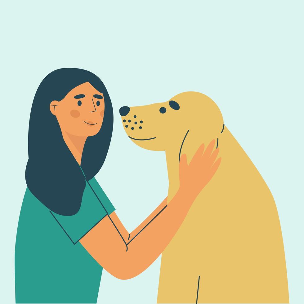 Ilustración de concepto de dueños de mascotas felices. mujer sosteniendo un perro. perro perdiguero de oro Ilustración de vector stock colorido en estilo plano. eps 10