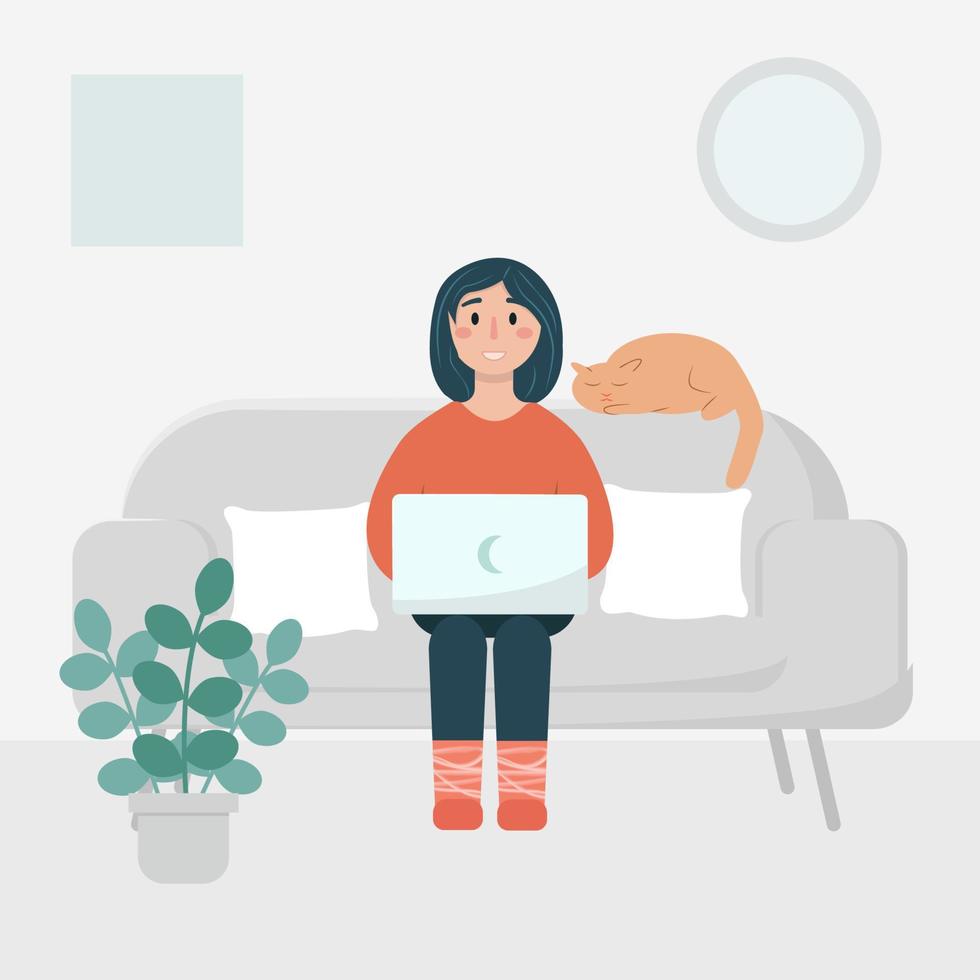 Girl with laptop on the sofa. Freelance or studying concept. Cute illustration in flat style. Remote Freelance Work Concept. Girl works sitting at home. vector