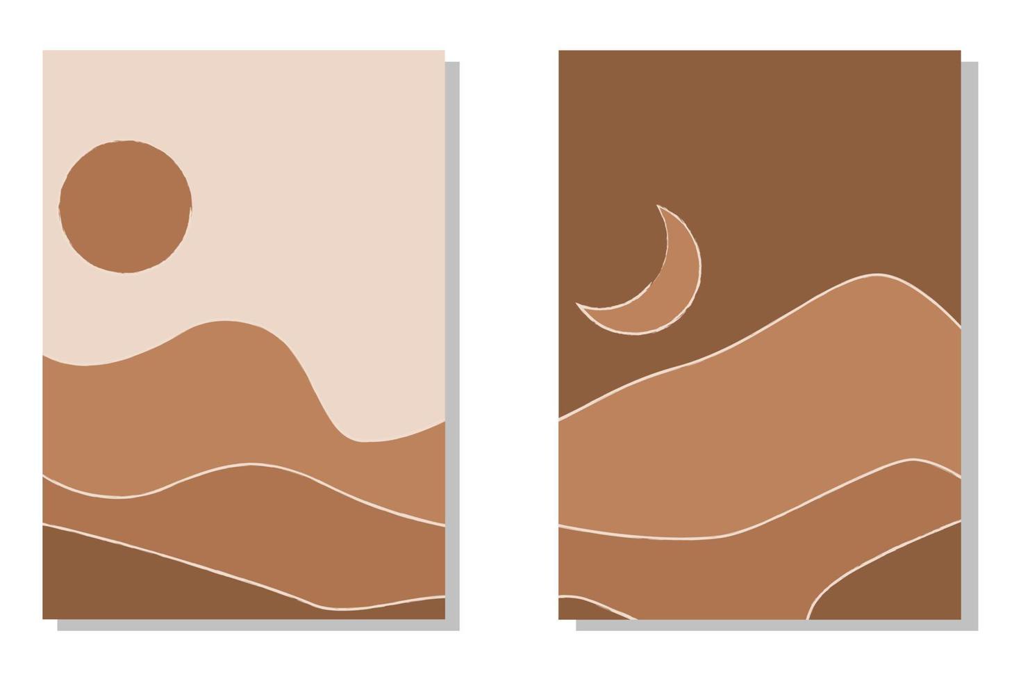 Modern abstract minimalist landscape posters. Desert, sun and moon. Day and night scene. Pastel colors, earth tones. Boho mid-century prints. Flat design. vector