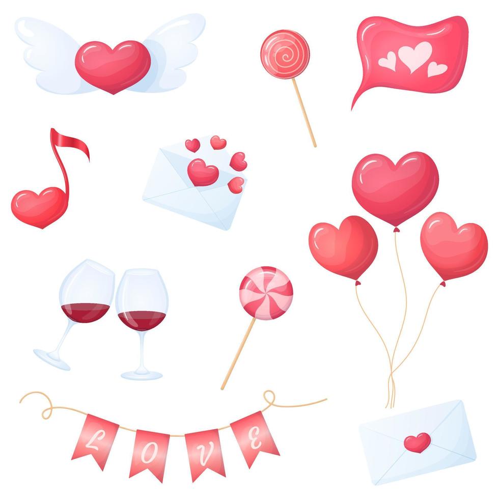 Cute set elements for Valentine's day. Cartoon style sticker. Vector illustration.