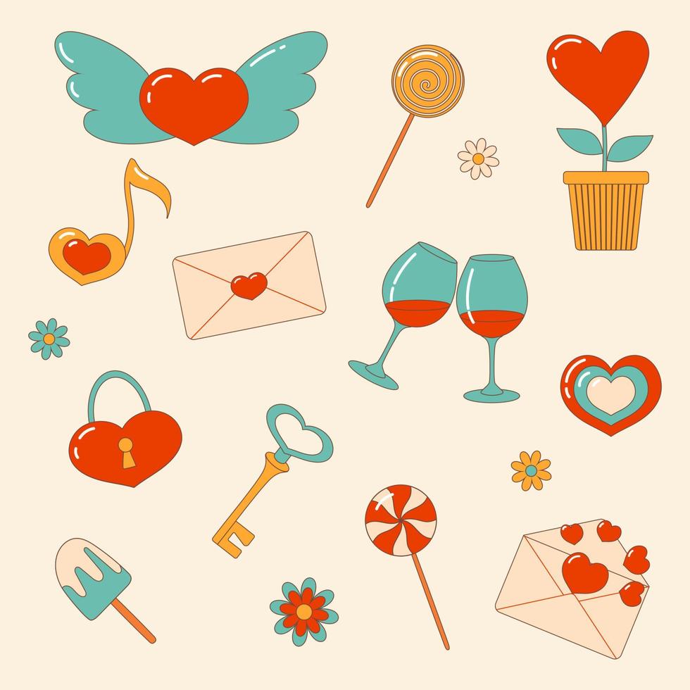 Set elements in retro style for Valentine's day. Cartoon style sticker. Vector illustration.
