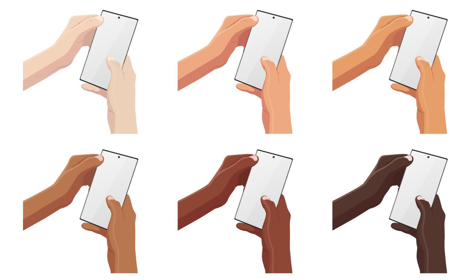 manos sosteniendo teléfono inteligente móvil, pantalla en blanco. los europeos, afroamericanos y asiáticos usan teléfonos móviles.vector. vector