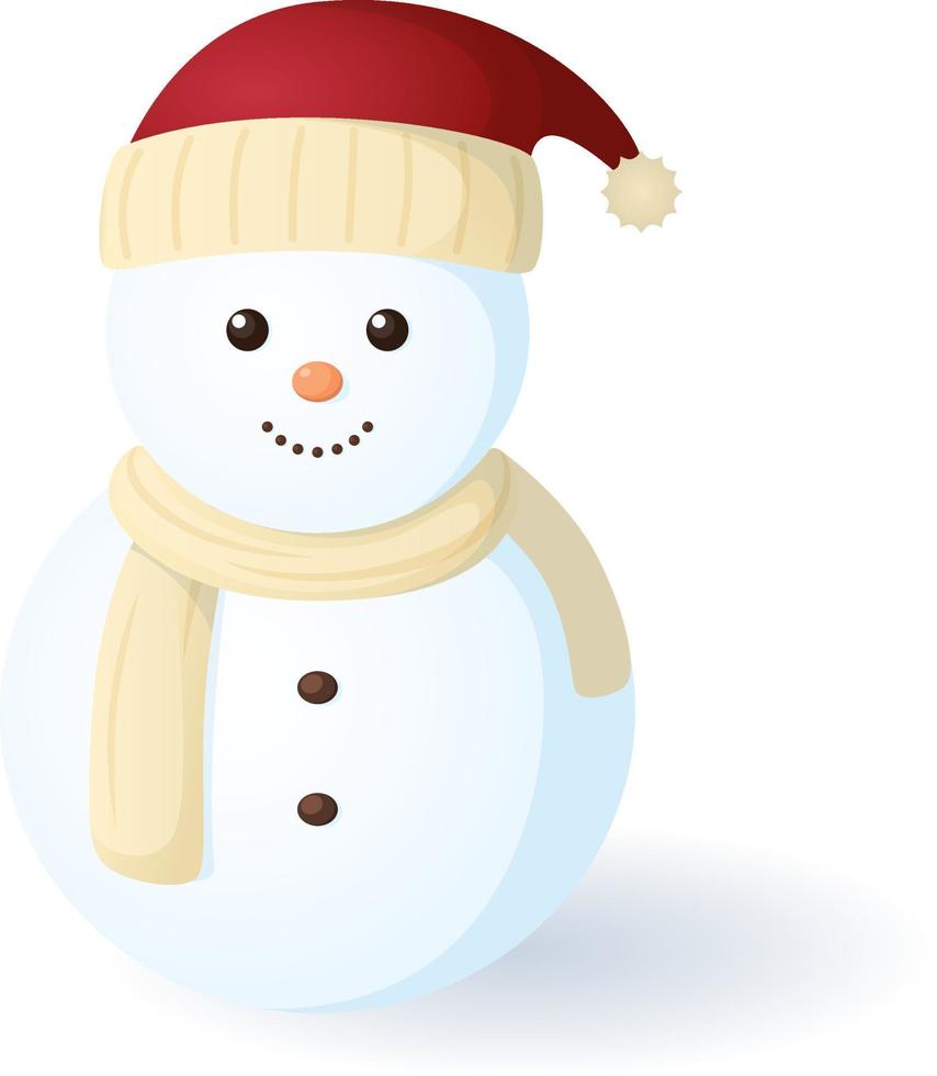 Vector Snowman with shadow in a hat and scarf smiles. Isolated on a transparent background.