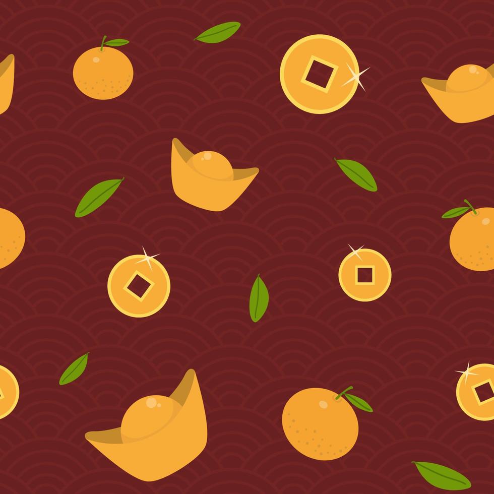 New Year Chinese pattern with tangerines, money and gold. Colorful holiday seamless pattern for cards, posters, wrapping paper, fabric. Vector. vector