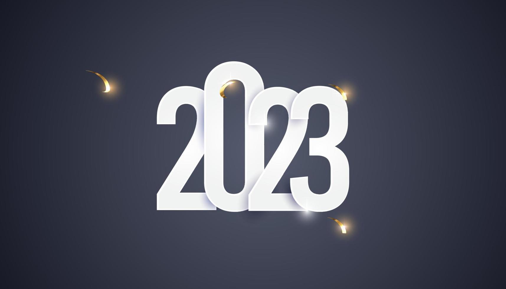 feliz año nuevo 2023 fondo abstracto con efectos de texto de oro blanco 3d vector