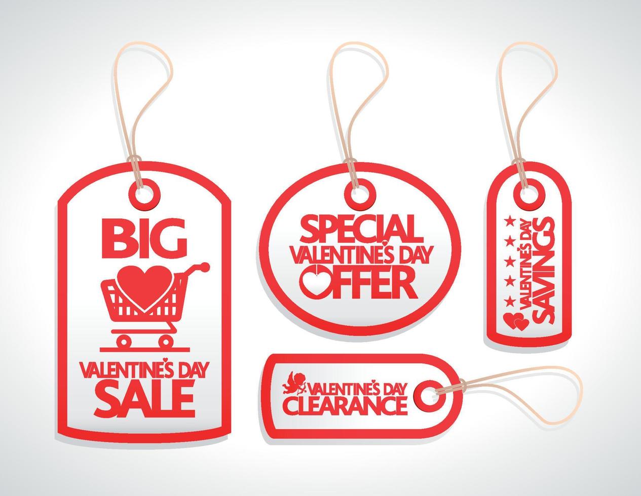 Valentines day sale red, white tags set with red text. Vector illustration