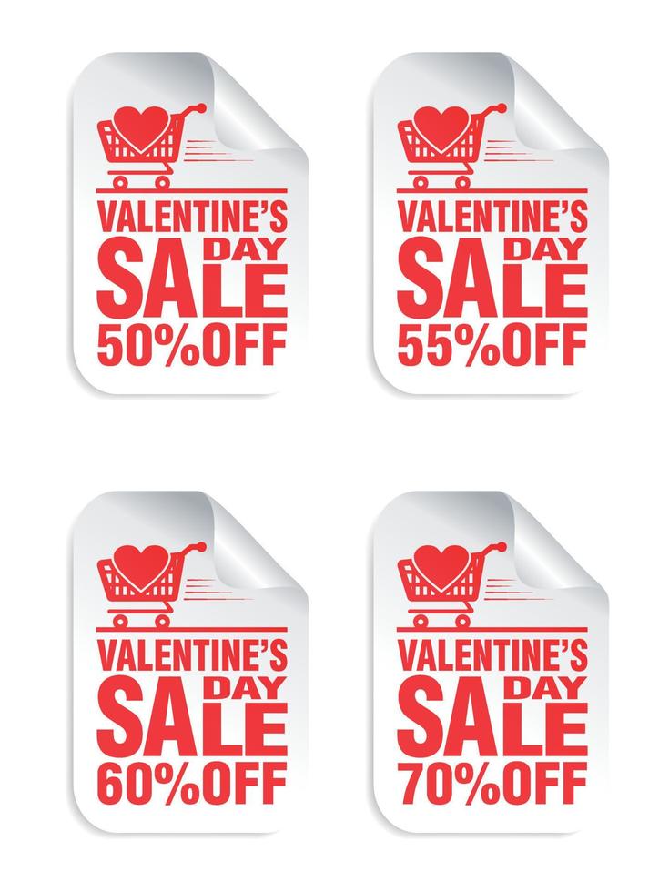 Valentines day sale white stickers set with red text, shopping cart with heart icon. Sale 50, 55, 60, 70 percent off vector