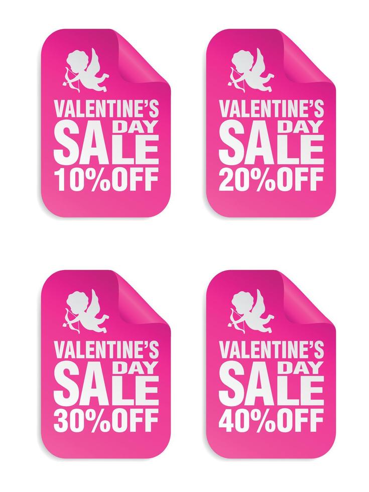 Valentines day sale pink stickers set with Cupid icon. Sale 10, 20, 30, 40 percent off vector