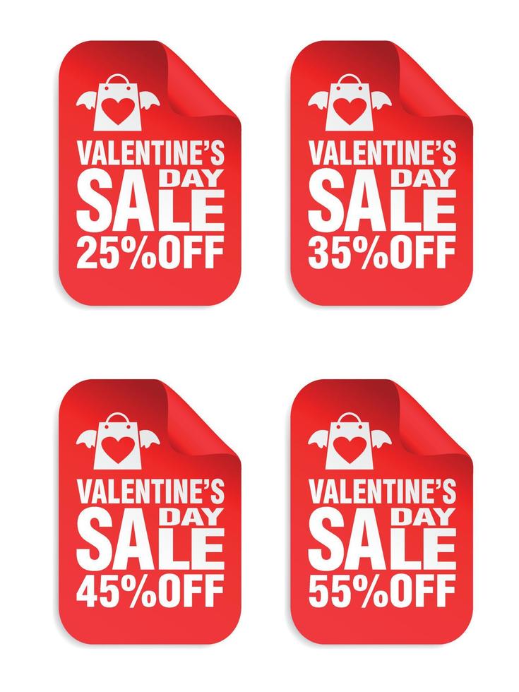 Valentines day sale red stickers set. Sale 25, 35, 45, 55 percent off vector