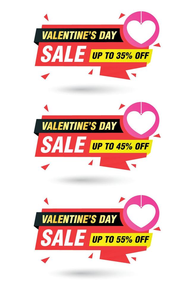 Valentines day sale red origami labels set. Sale 35, 45, 55 percent off discount vector