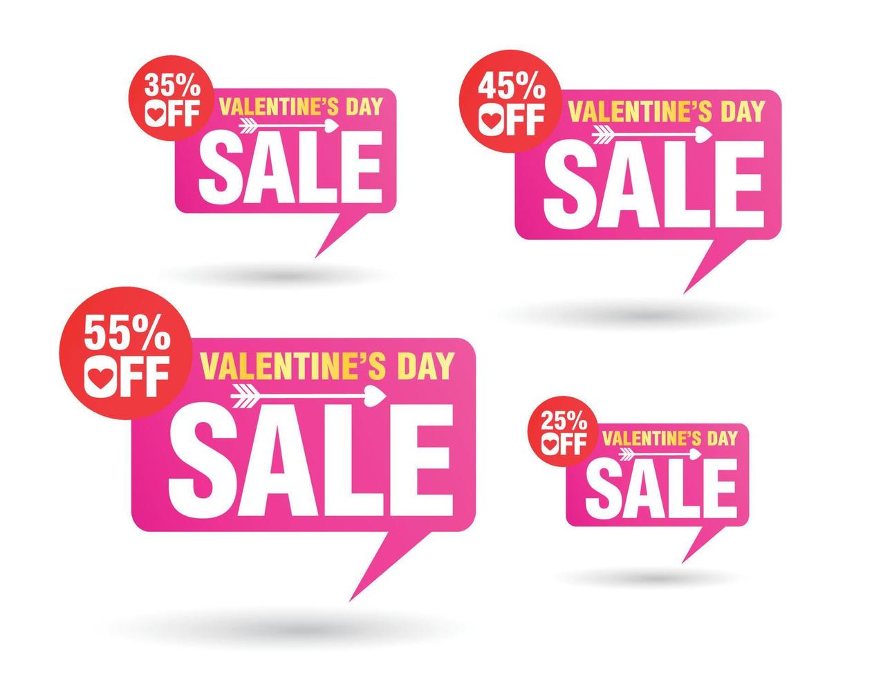 Valentines day sale tag speech bubble. Set of 25, 35, 45, 55 percent off discount vector