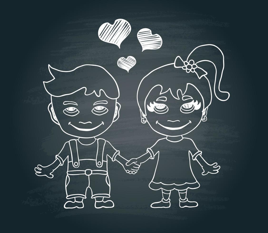Vector hand draw loving  boy and girl on black chalkboard