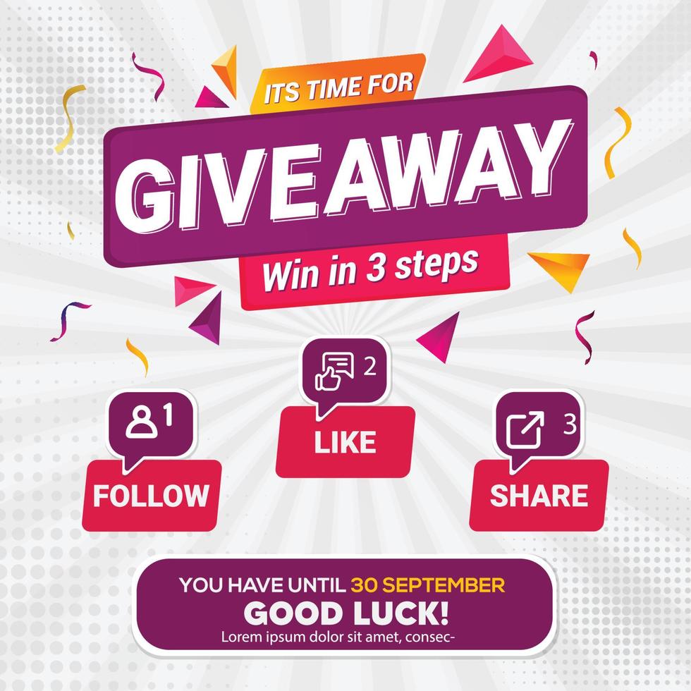 Giveaway quiz contest and announcement for social media feed. Vector template prize win