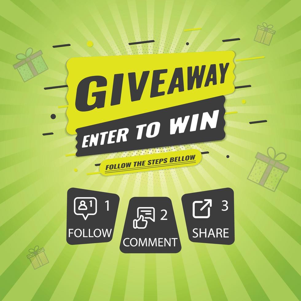 Giveaway quiz contest and announcement for social media feed. Vector template prize win competition with steps