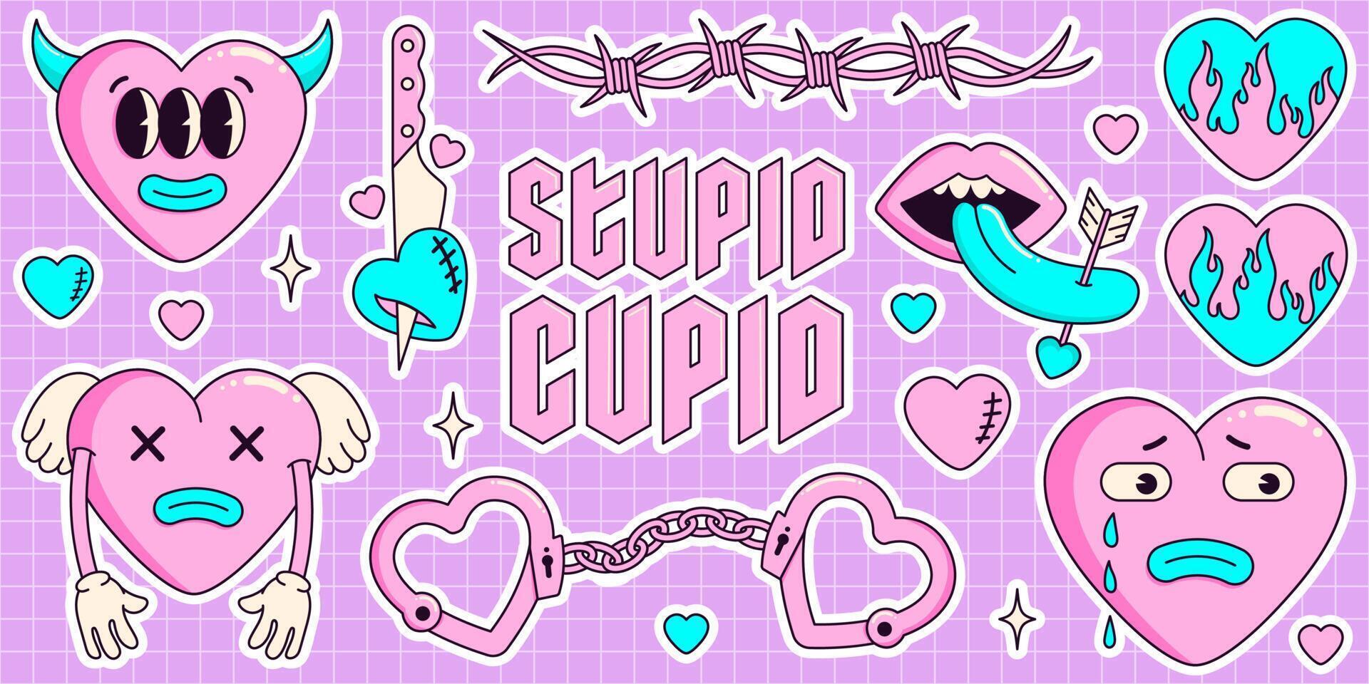 Sticker pack of funny cartoon hearts and elements. Big set of comic elements in trendy psychedelic weird cartoon style. Trendy neon 2000s style. Anti valentines day conception. vector