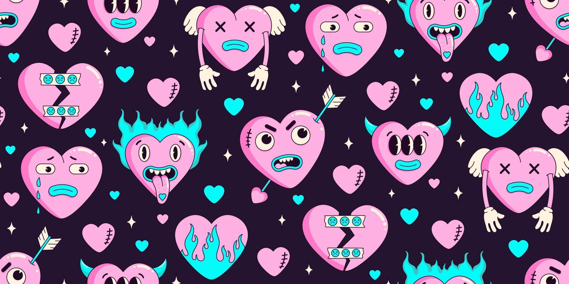 Y2k neon seamless pattern of funny cartoon hearts and elements. In psychedelic weird style. Vector hand drawn background. Trendy neon 2000s style. Anti valentines day conception. Pink, blue color.
