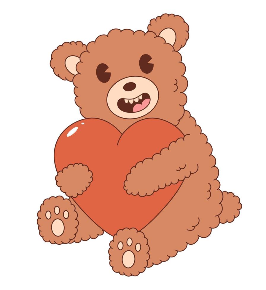 Retro groovy cartoon character. Funny bear with red heart. For poster, card, print, and itc. 70s Vibes. Valentine Day. vector