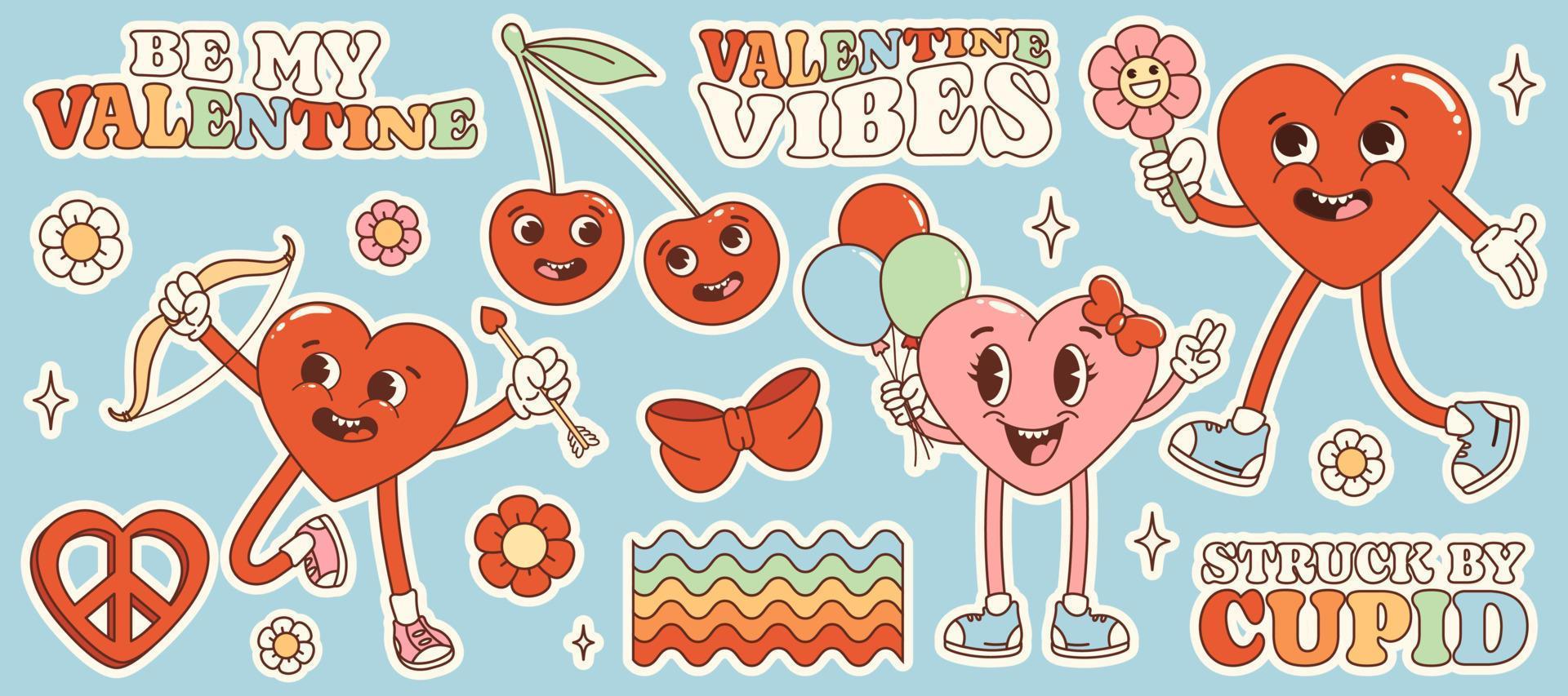 maravilloso juego de pegatinas de amor hippie. retro feliz día de san valentín. personaje cómico de corazón feliz en el moderno estilo de dibujos animados retro de los años 60 y 70. personajes y elementos de dibujos animados retro. vector