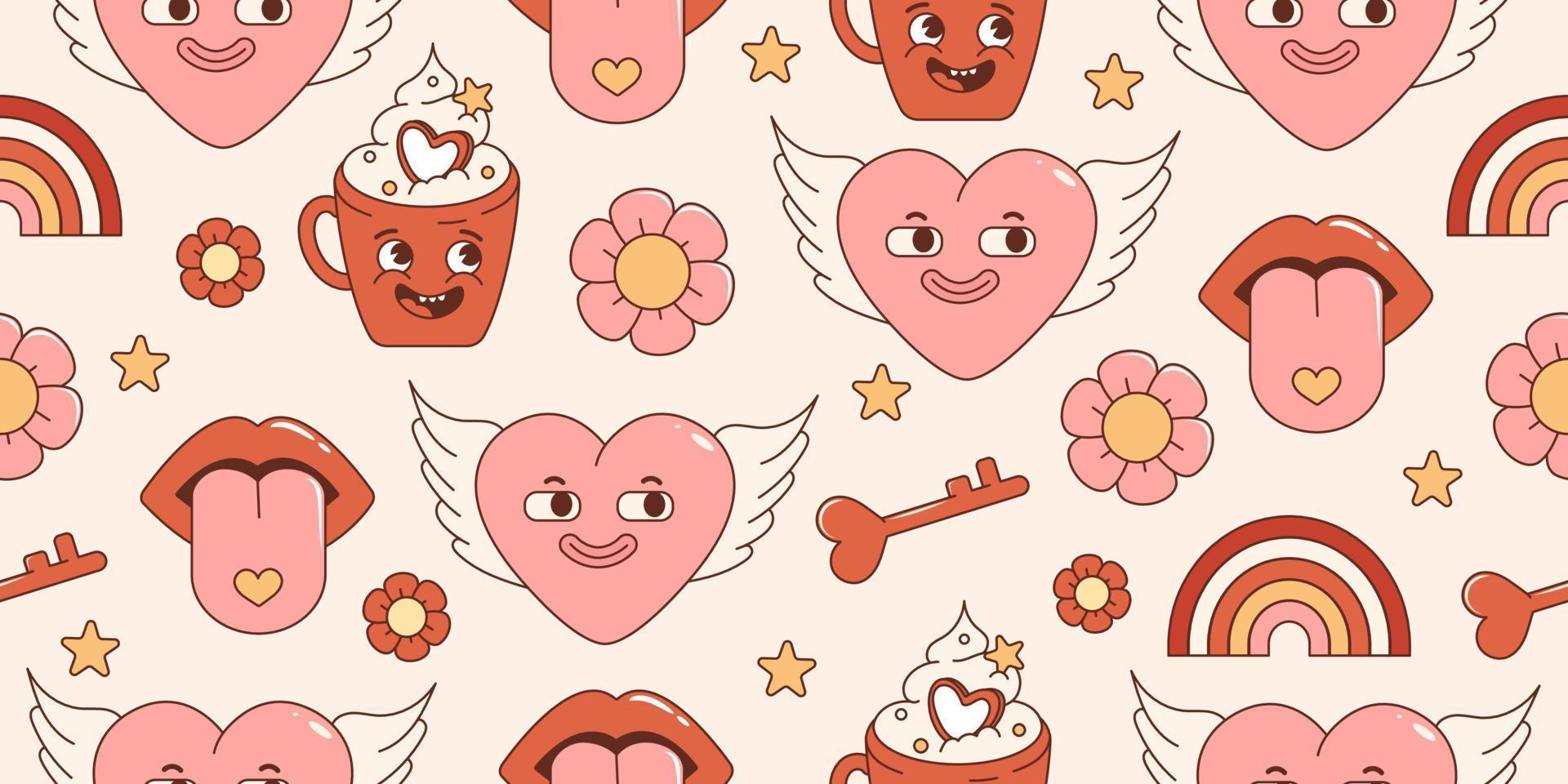 Groovy hippie Valentines Day seamless pattern. With retro cartoon characters and elements. Trendy 70s style vector