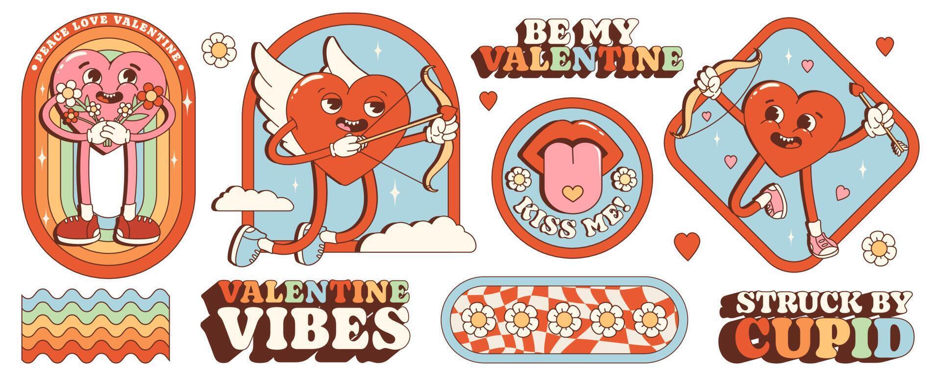 maravilloso juego de pegatinas de amor hippie. retro feliz día de san valentín. personaje cómico de corazón feliz en el moderno estilo de dibujos animados retro de los años 60 y 70. personajes y elementos retro. vector