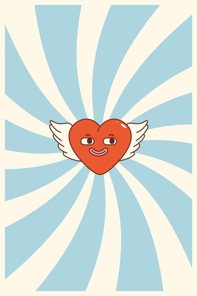 Retro groovy poster with heart and abstract background. Happy Valentines Day. vector