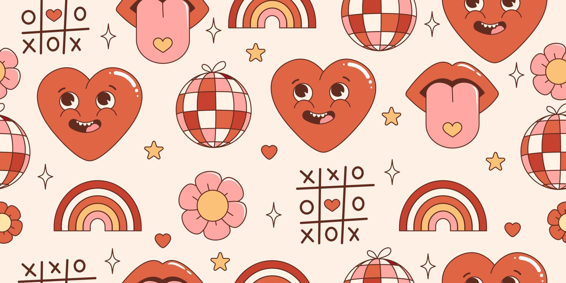Groovy hippie Valentines Day seamless pattern. With retro cartoon characters and elements. Trendy 70s style vector
