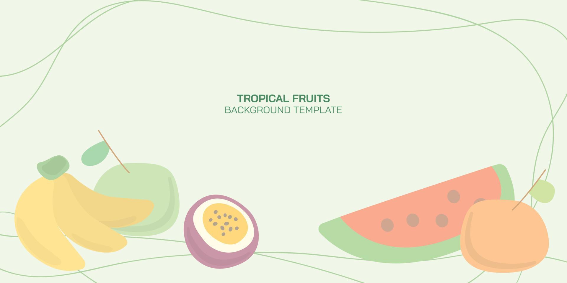 Tropical fruits childish style pastel colors with blank space. Fruits and border line doodle minimalist style template. Contemporary vector Illustration.