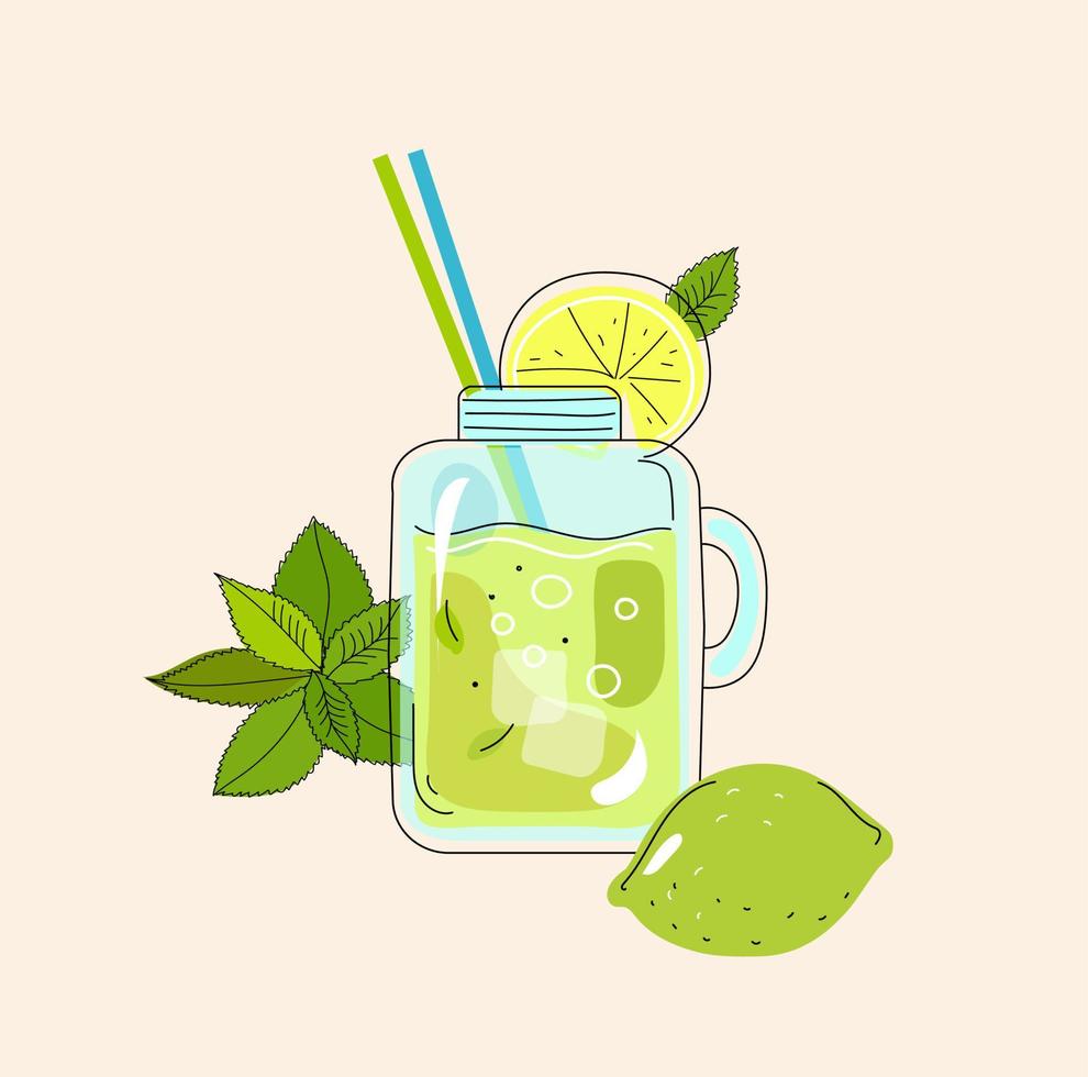 Cóctel de limonada de menta, ilustración de boceto dibujado a mano de fideos de color vectorial. vector