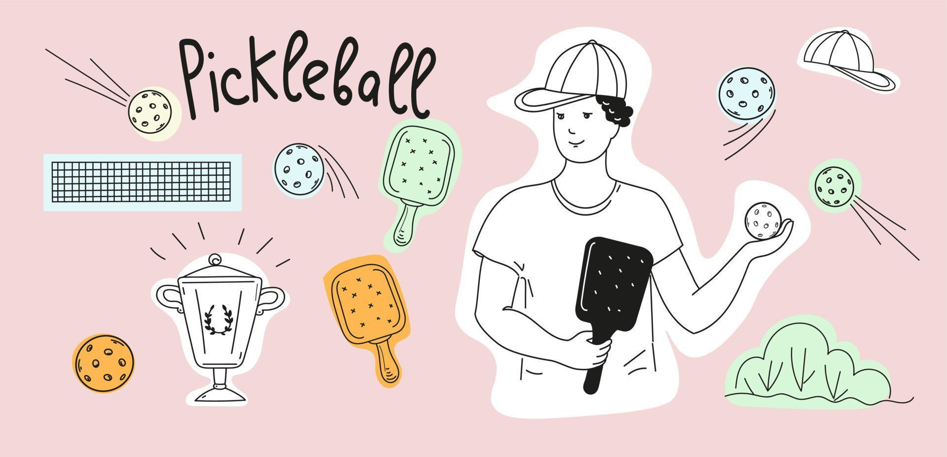 Pickleball game doodle set. Vector outline illustration.