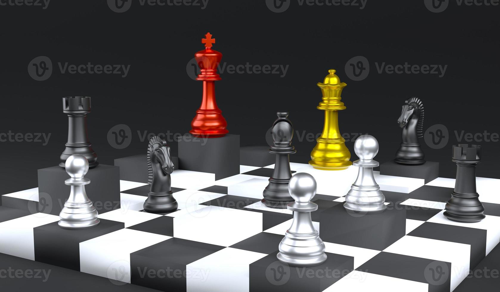 3D Rendering : Illustration Of King Chess Pieces. THE King Chess At The  Center With Overthrow Pawn Chess In The Back. Chess Board With Light Drop  Background. Leader Success Business Concept. Stock