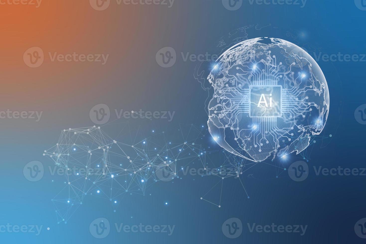 Global business, internet network connection, IoT Internet of Things, business intelligence concept. Businessman hand holding global network, futuristic technology background photo