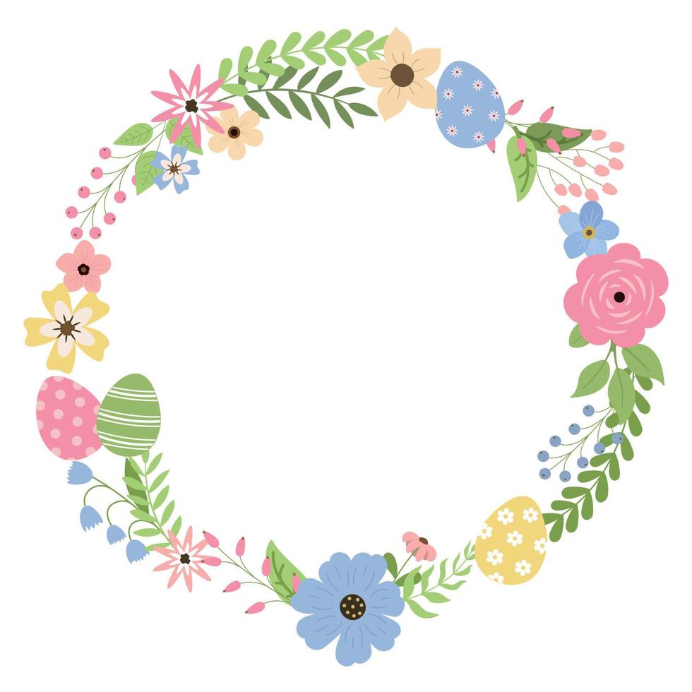 feliz guirnalda temática de pascua con huevos, flores y hojas. aislado sobre fondo blanco. arreglo de nido decorativo de primavera para tarjetas de pascua vector