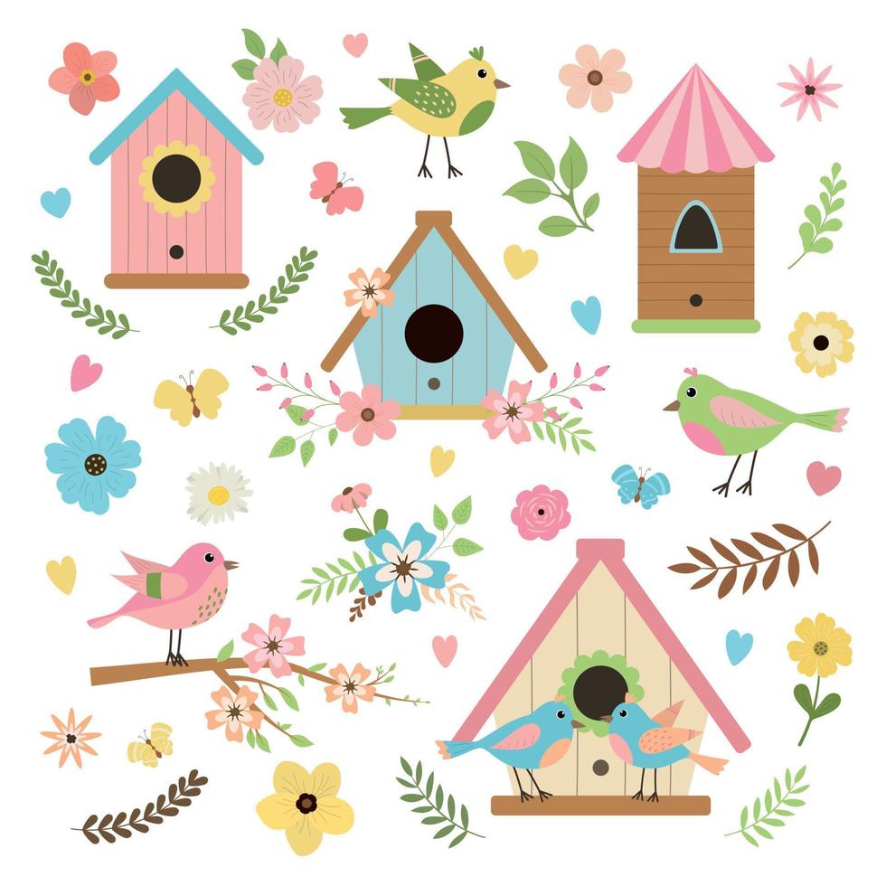 linda colección de primavera dibujada a mano con pájaros, casas de pájaros, flores y hojas. ideal para álbumes de recortes, invitaciones, tarjetas de felicitación y carteles. aislado sobre fondo blanco. vector