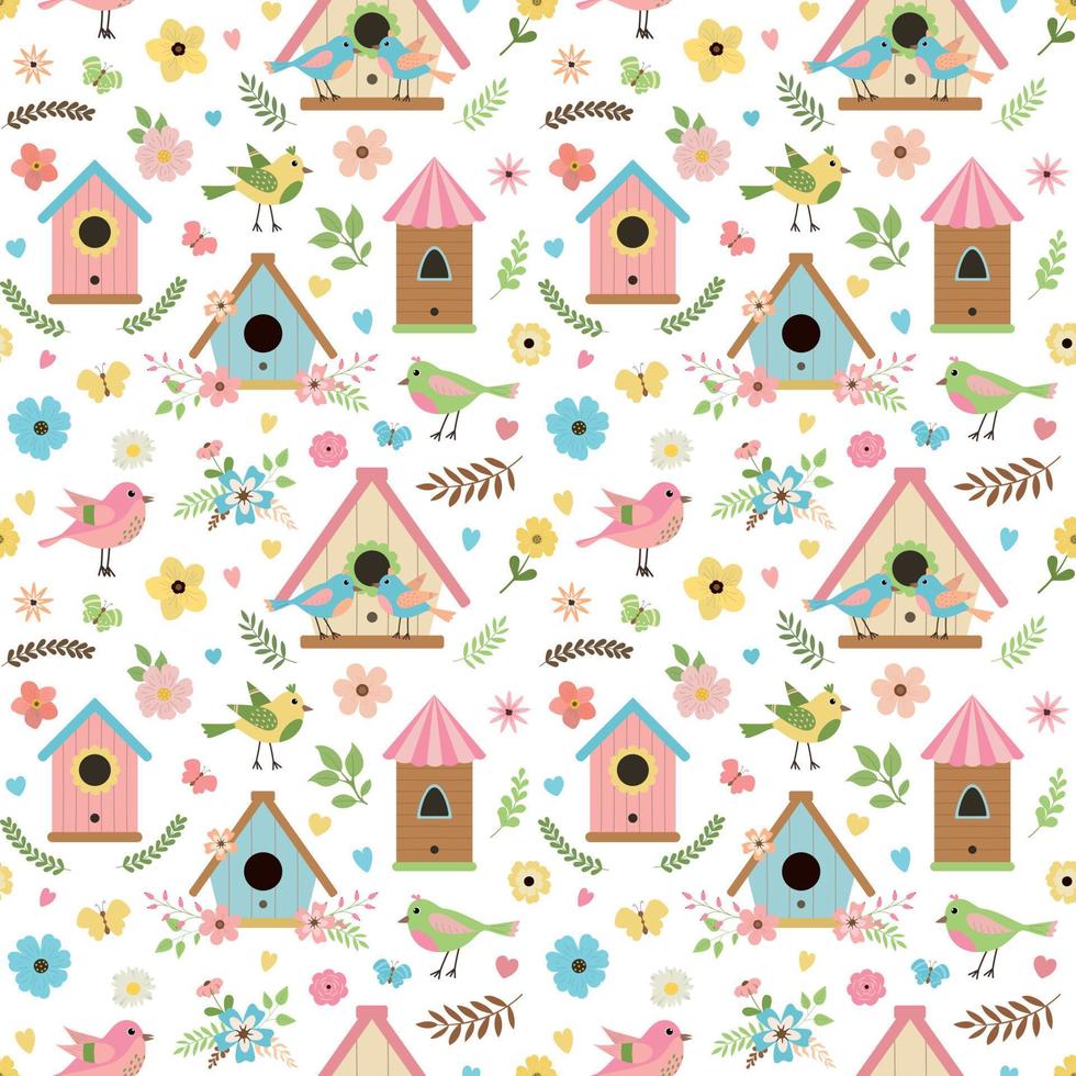 Cute spring pattern with birds, bird houses, flowers, and leaves. Design for wallpapers, invitations, greeting cards, and posters. Isolated on white background. vector