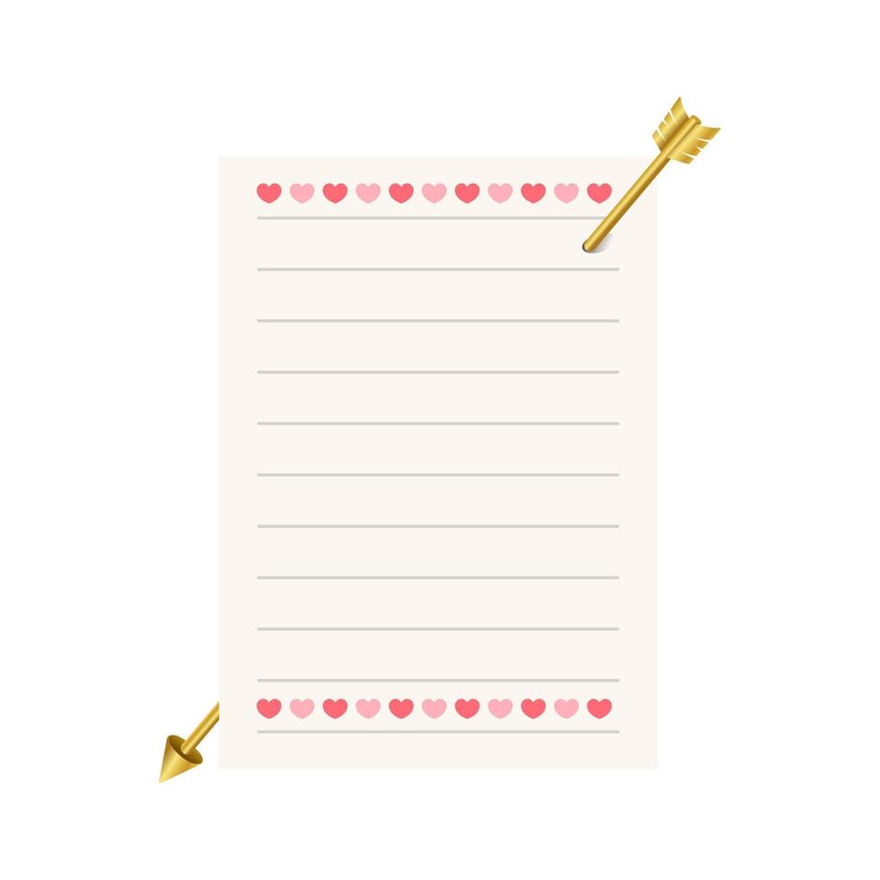 Paper note with heart elements and golden cupid arrow. Valentine's day blank paper for creative design. Vector illustration