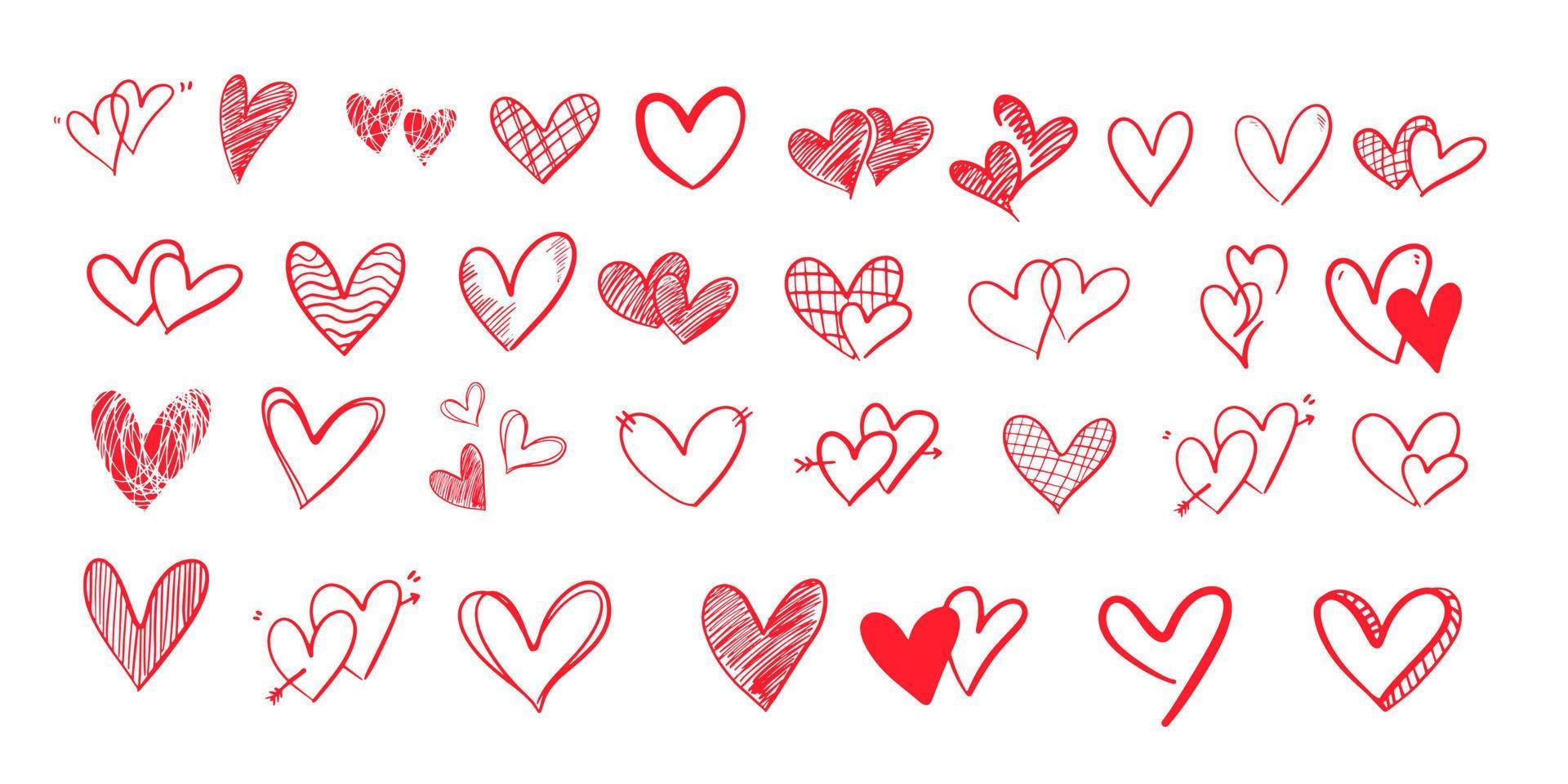 garabato de corazón para el día de san valentín. bosquejo del conjunto gráfico de símbolo de icono de corazón rojo. vector de elemento de corazón dibujado a mano