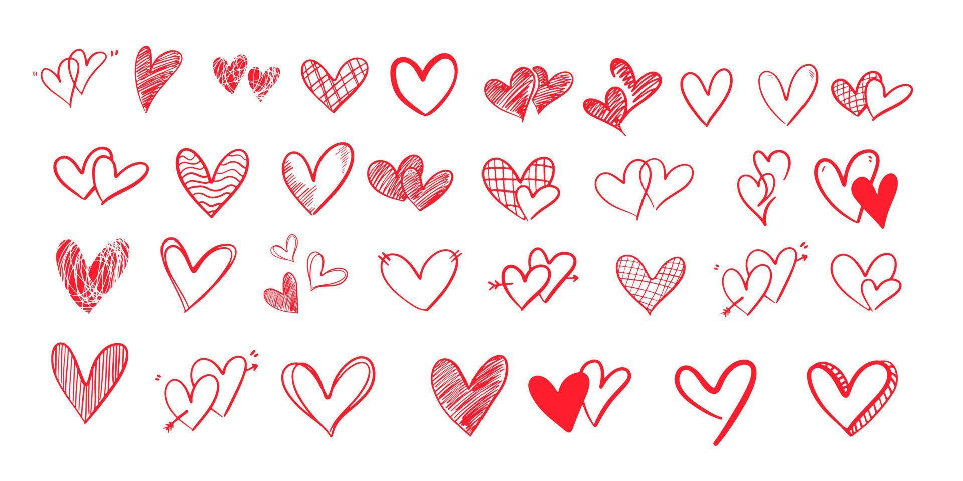 Doodle of heart for valentine's day. Sketch of red heart icon symbol graphic set. Hand drawn heart element vector