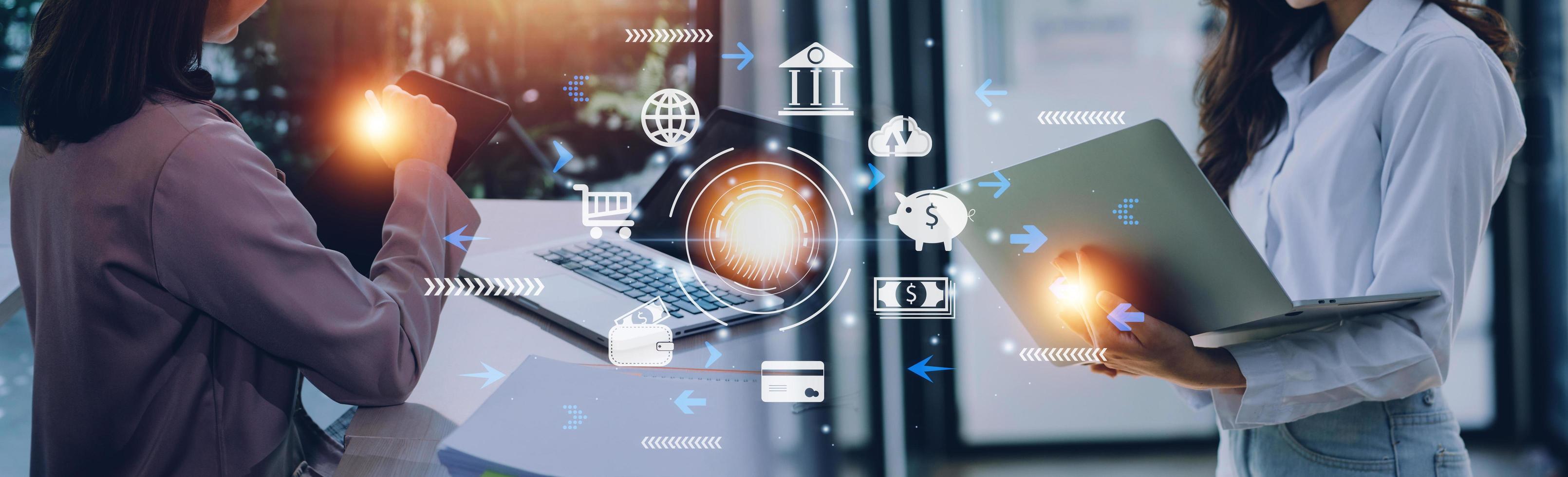 futuristic digital processing of biometric identification fingerprint scanner for access personal financial data. surveillance and security scanning of digital programs cyber futuristic applications photo