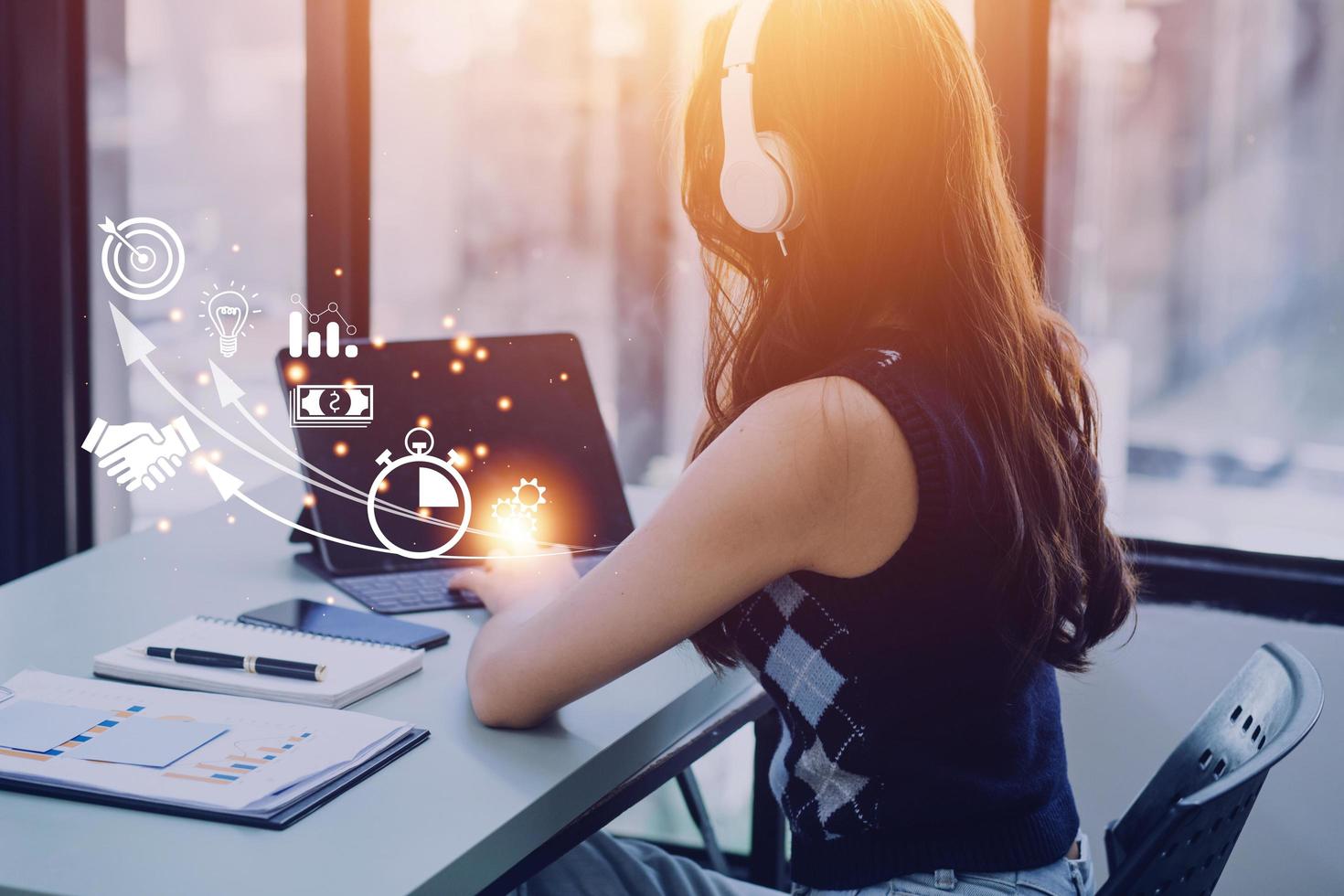 Startup concept with icon business and network connection on modern virtual interface from digital tablet. man touching on tablet. online business, e-comers, online marketing photo