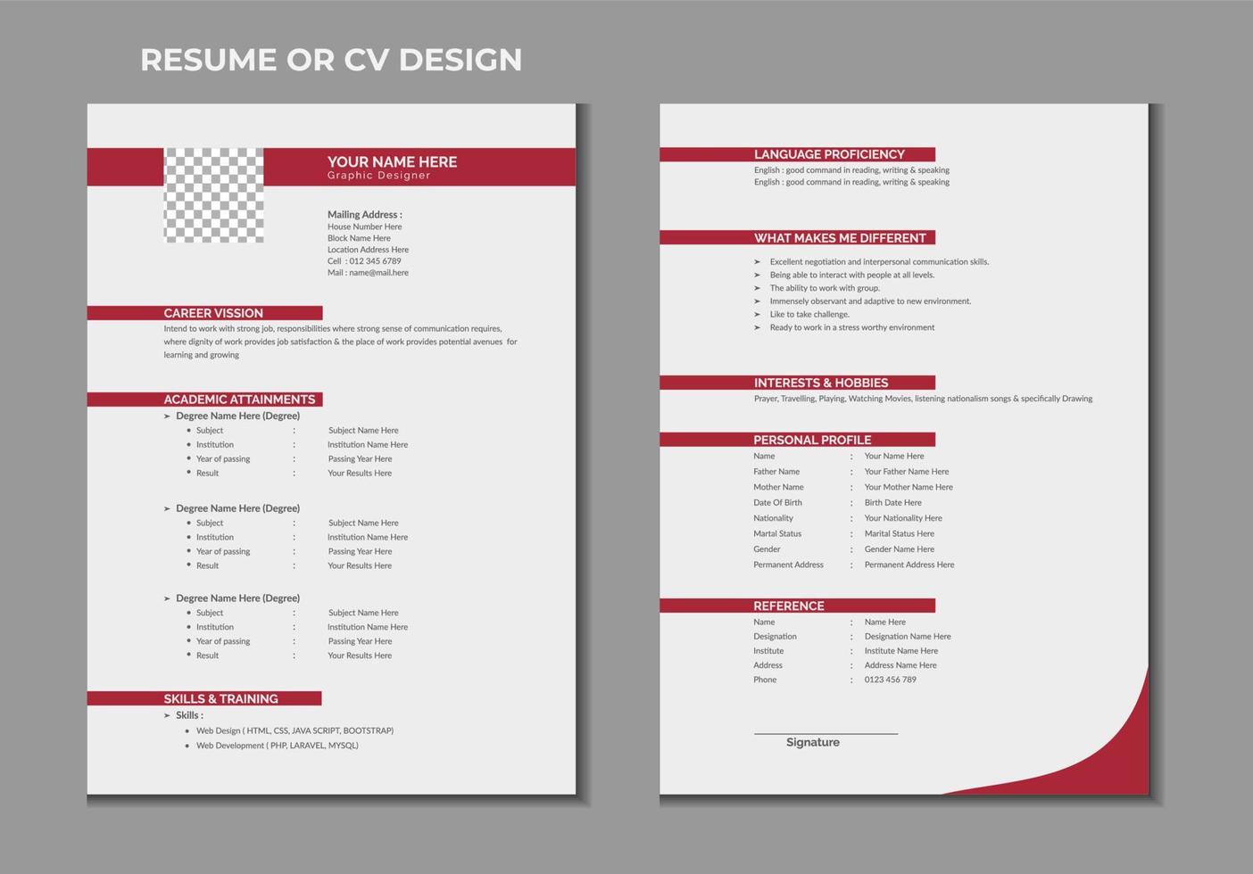 Double pages resume or cv template design vector