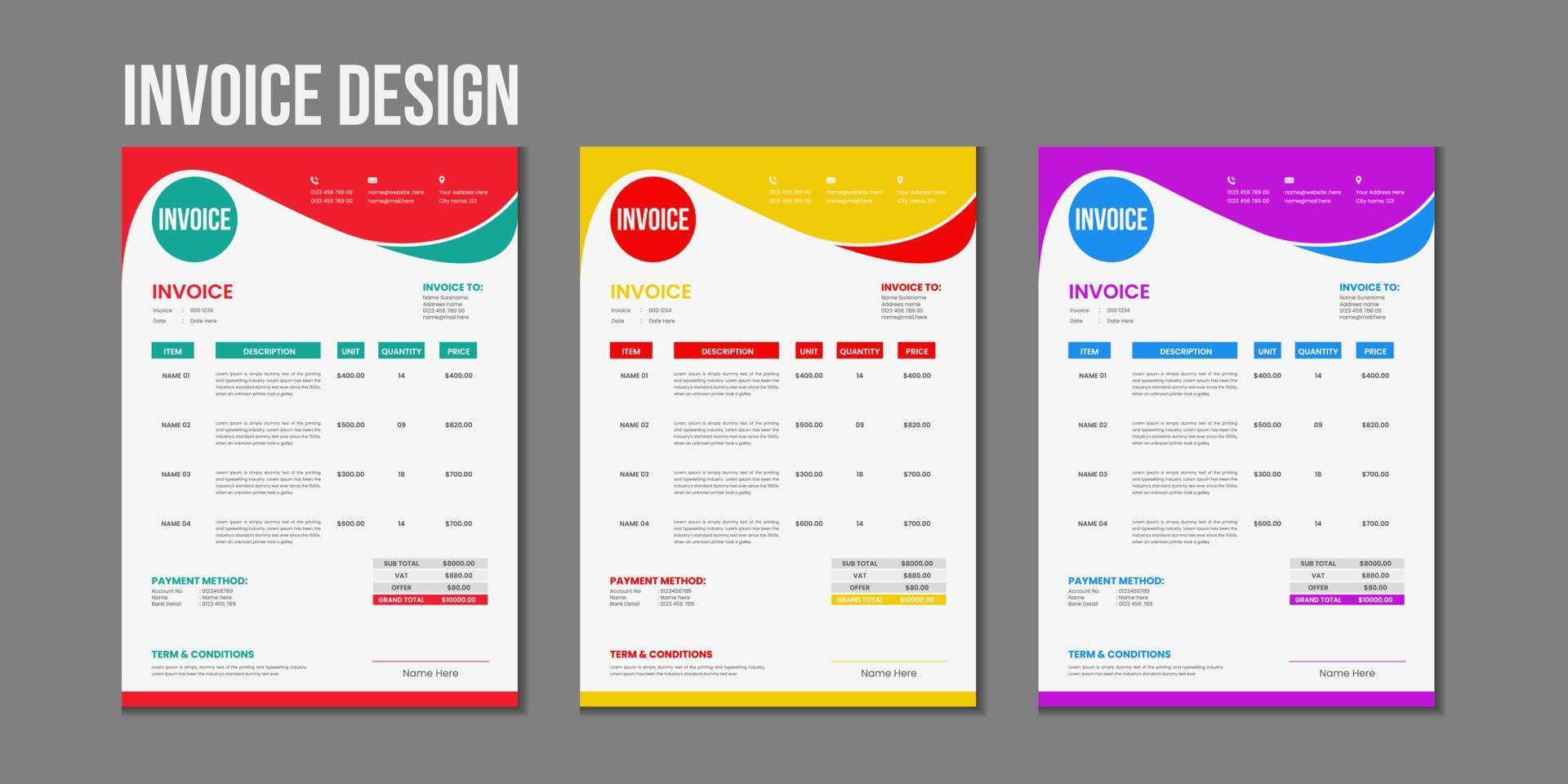 negocio corporativo mínimo variación de color múltiple tamaño a4 plantilla de diseño de factura ilustración vectorial forma de factura factura de precio, vector de plantilla de factura creativa y diseño de papelería comercial