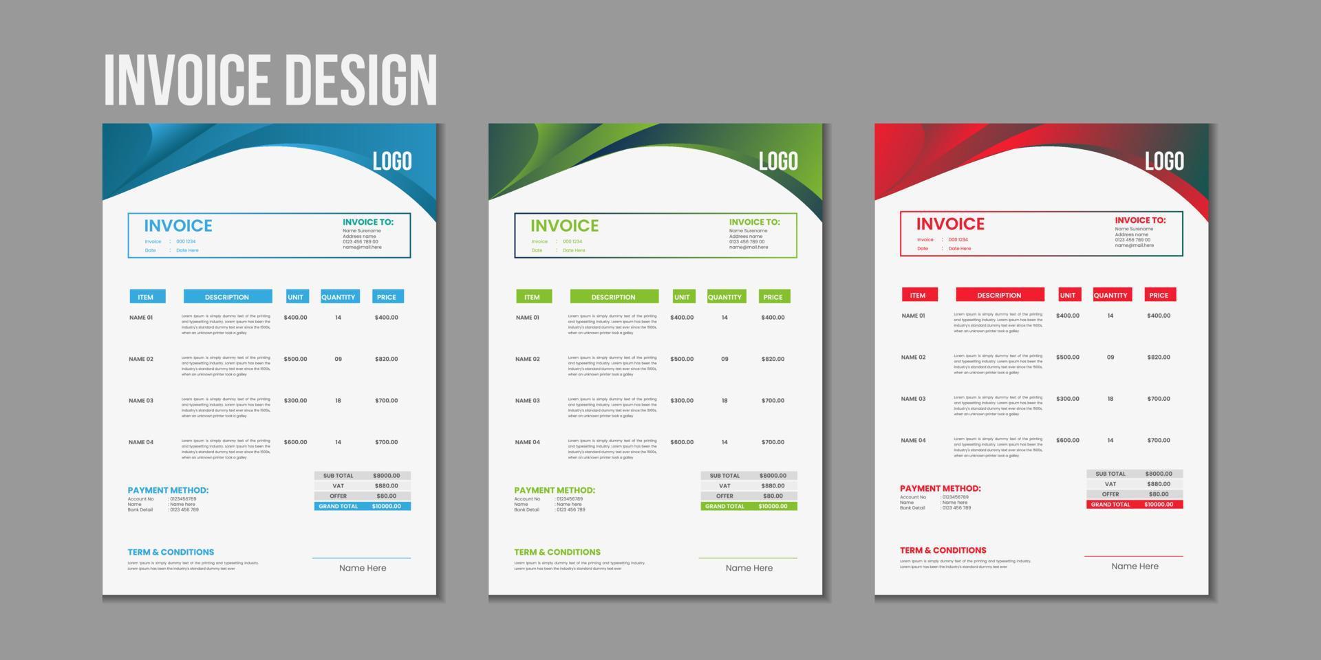 Minimal corporate Business multiple color variation a4 size invoice design template vector illustration bill form price invoice, Creative invoice template vector and business stationery design