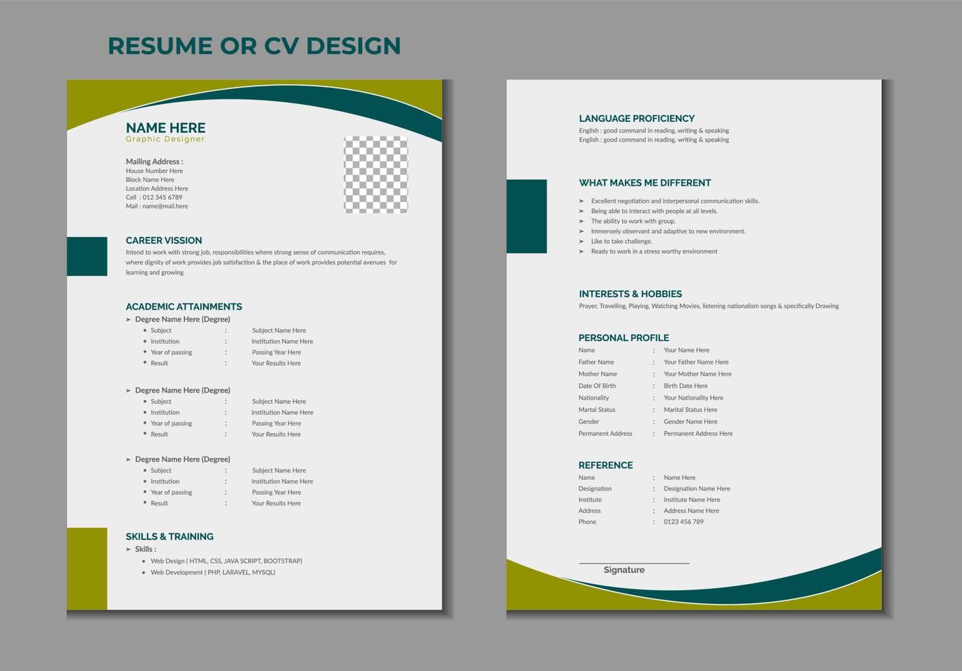 cv creativo profesional de páginas dobles o diseño de plantilla de currículum para una persona creativa sobre fondo blanco vector