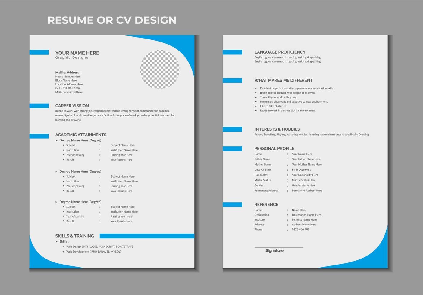 diseño de plantilla de currículum o cv de doble página vector