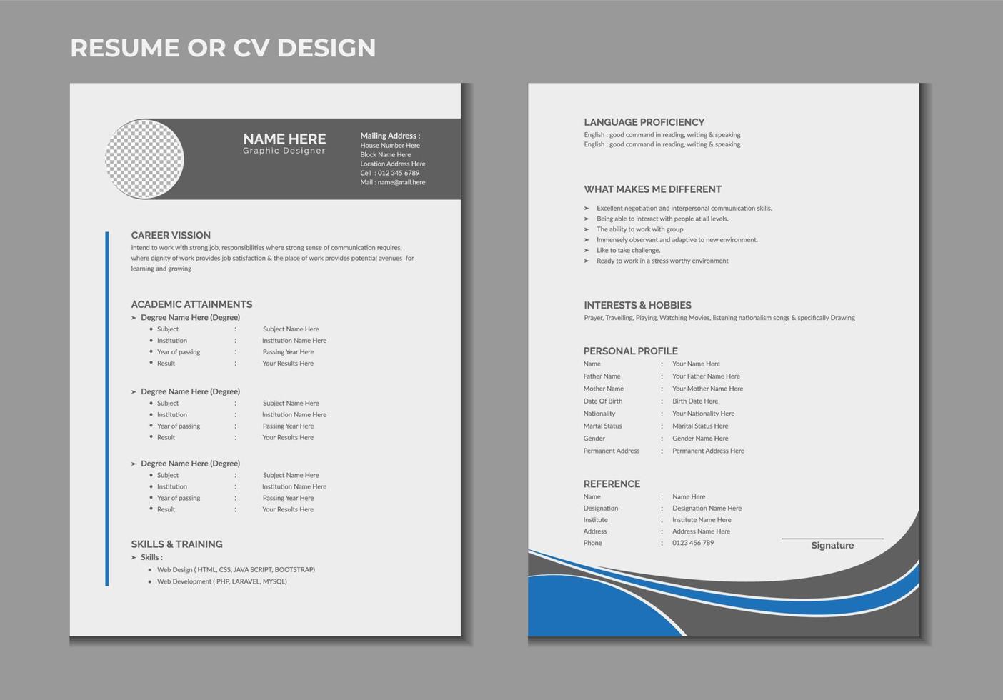 cv creativo profesional de páginas dobles o diseño de plantilla de currículum para una persona creativa sobre fondo blanco vector